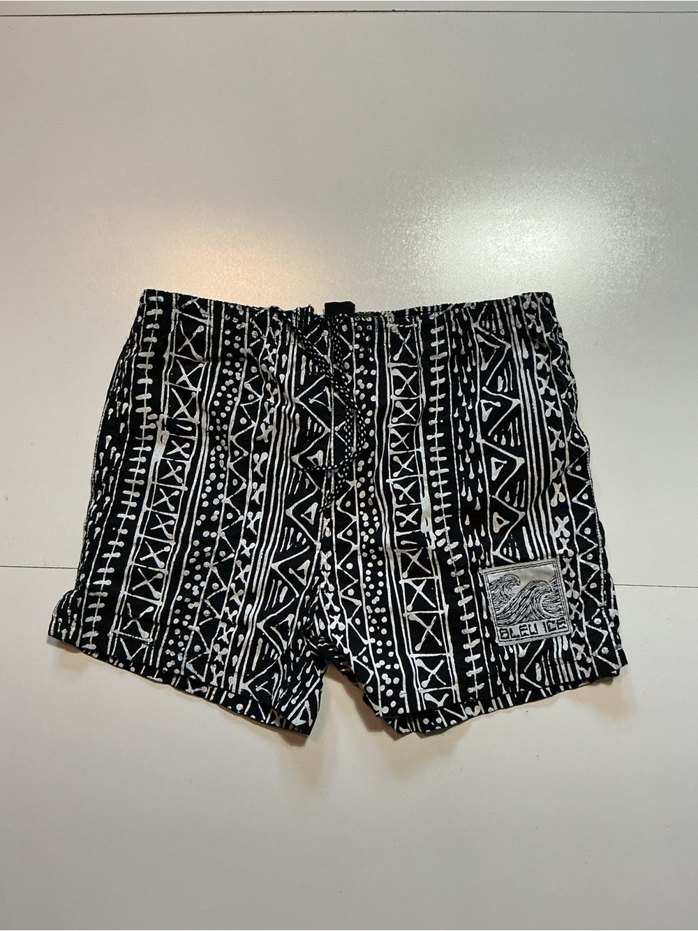 Vintage 90s Bleu Ice AOP Tribal Abstract Geometric Mesh Lined Swim Trunk Shorts